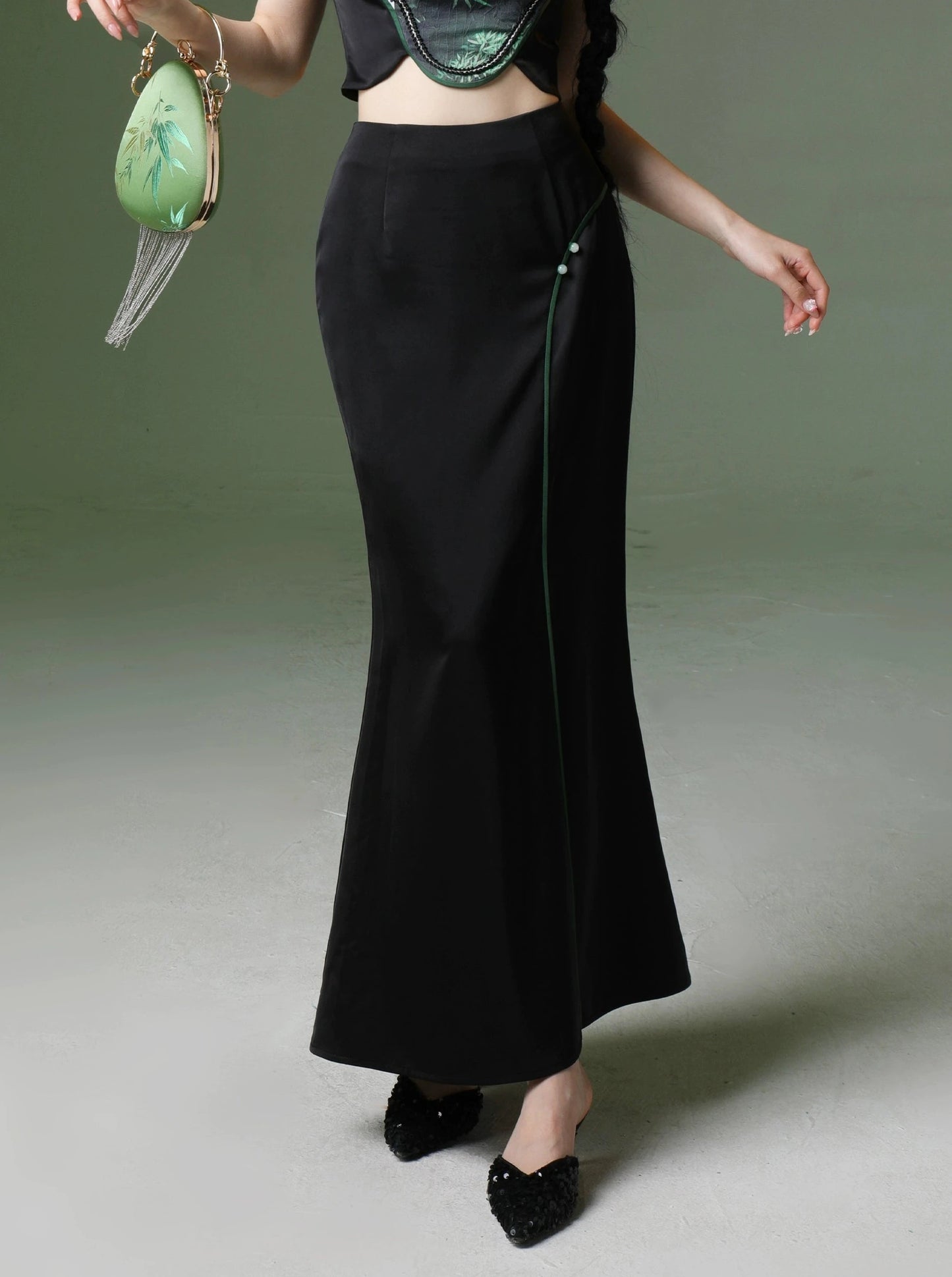 四斤自制熊猫竹原创新中式刺绣上衣、裙子和薄夏装两件套