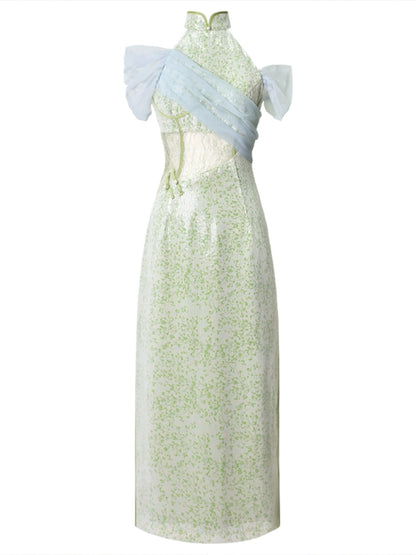 Sleeveless Streamer Green Sequined Dress