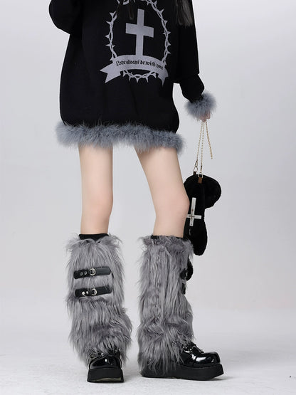 Leather Belt Volume Fur Leg Warmers