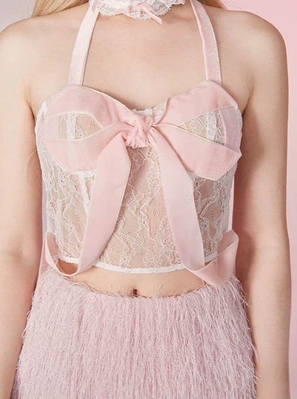 Collectible ribbon lace suspender camisole + tassel skirt