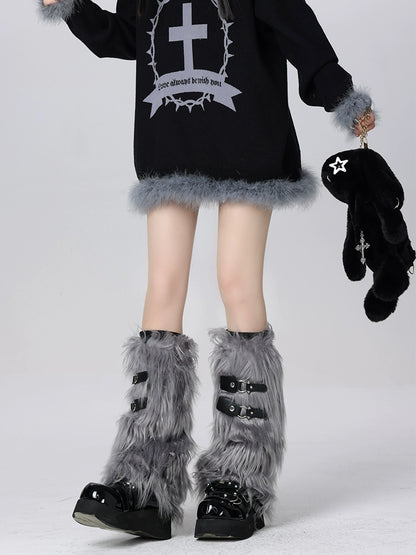 Dark Leather Buckle Subculture Fur Leg Warmers