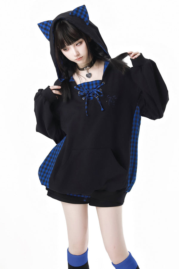 Blue Grid Cat Ear Set