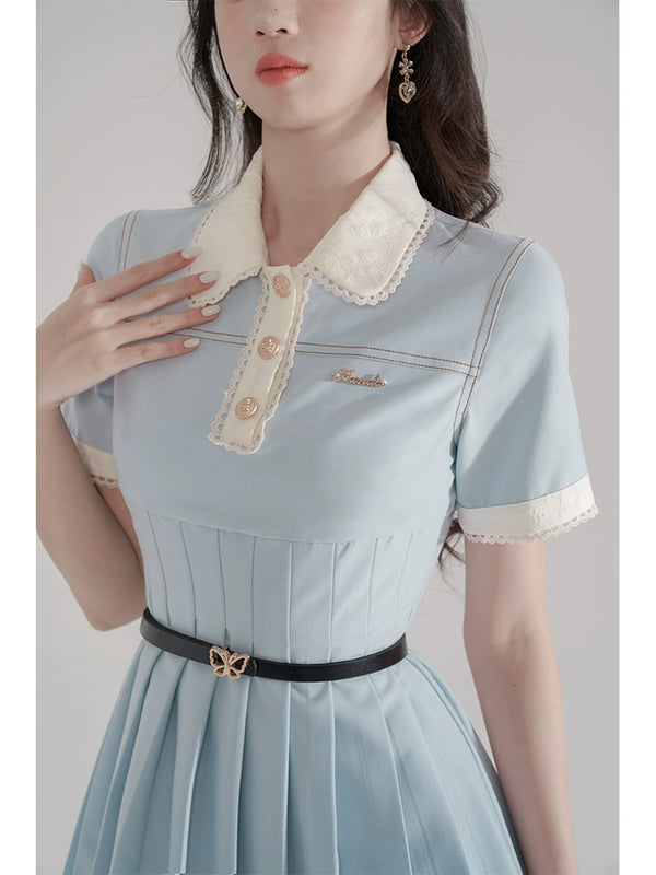 French Girly Blue Polo Dress + Belt