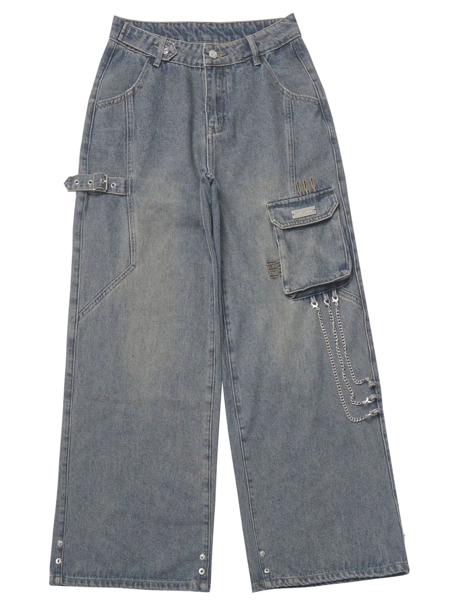 Sun Protection short long T + American multi-pocket straight loose denim