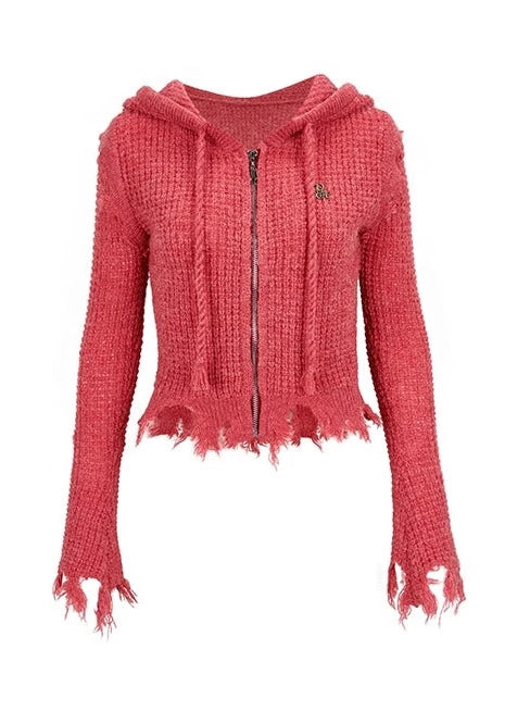 ワンポイントロゴダメージニットフードジップアップパーカー