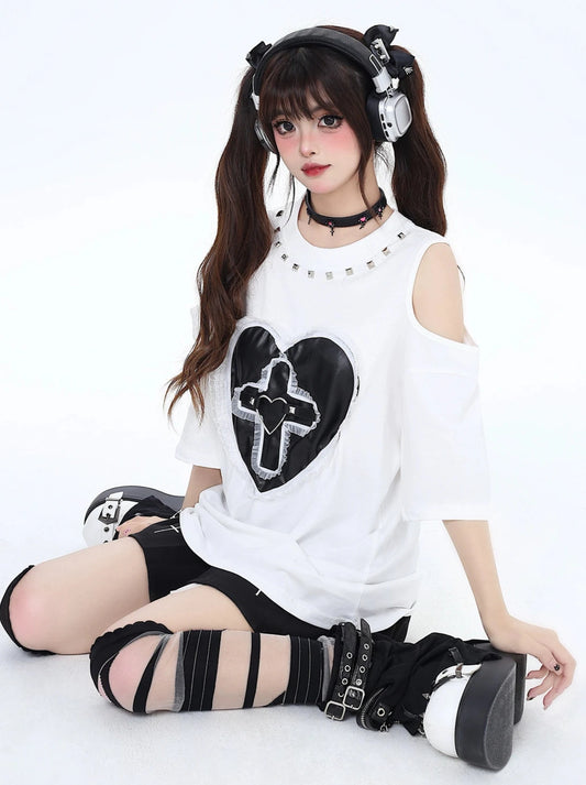 [3.23 limited time 95% off] sweet cool rivet leaky shoulder love lace edge subculture dark loose t-shirt summer girl