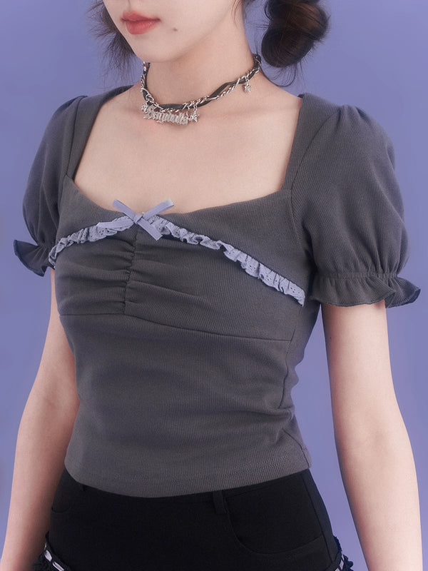 グレースクエアネックレースパフスリーブトップス