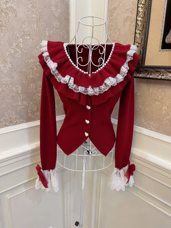 レッドオープンネックレースカーディガン