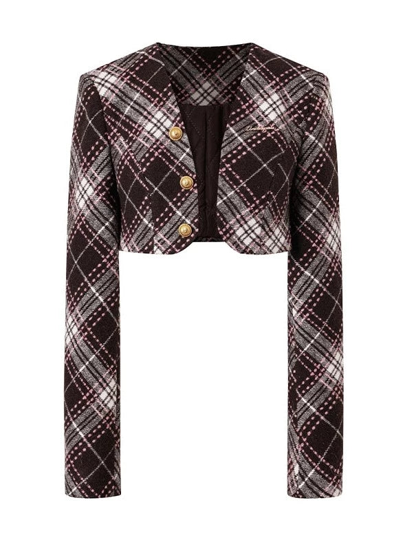 Argyle check short jacket + high waist skirt + best [Reservation product]