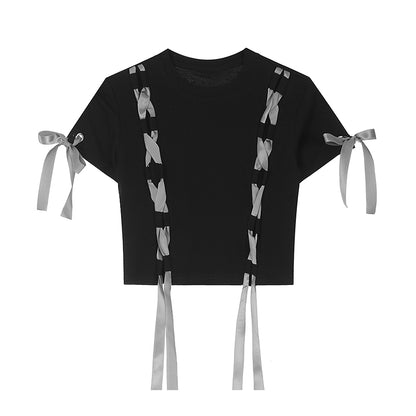 Unique bow tie crop T -shirt+skirt+pants+leg cover