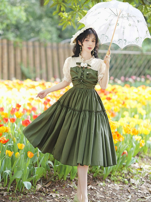 Retro college style green waist a-line skirt super fairy tea break princess skirt milky sweet Lolita dress female