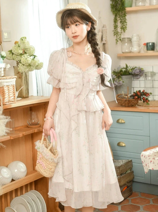 Sweet first love girl pink floral chiffon dress Xia Sen female tribal original spring summer 2024 new