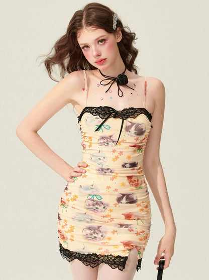 [5월 31일 20시 판매] 샤오예 밍링 샤오 부도아르 옐로우 플로럴 서스펜드론 드레스 여성 여름 레이스