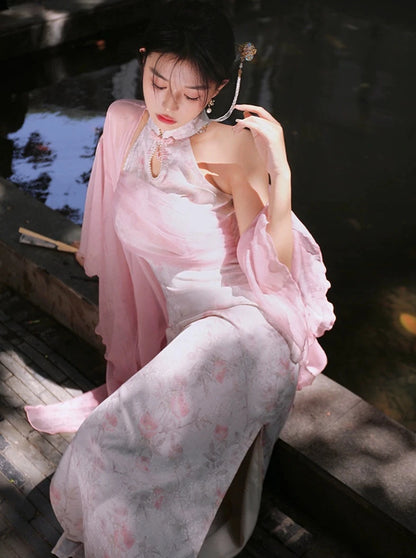 Four catties of homemade Classic pink original new Chinese sleeveless daily floating yarn pink modified cheongsam dress