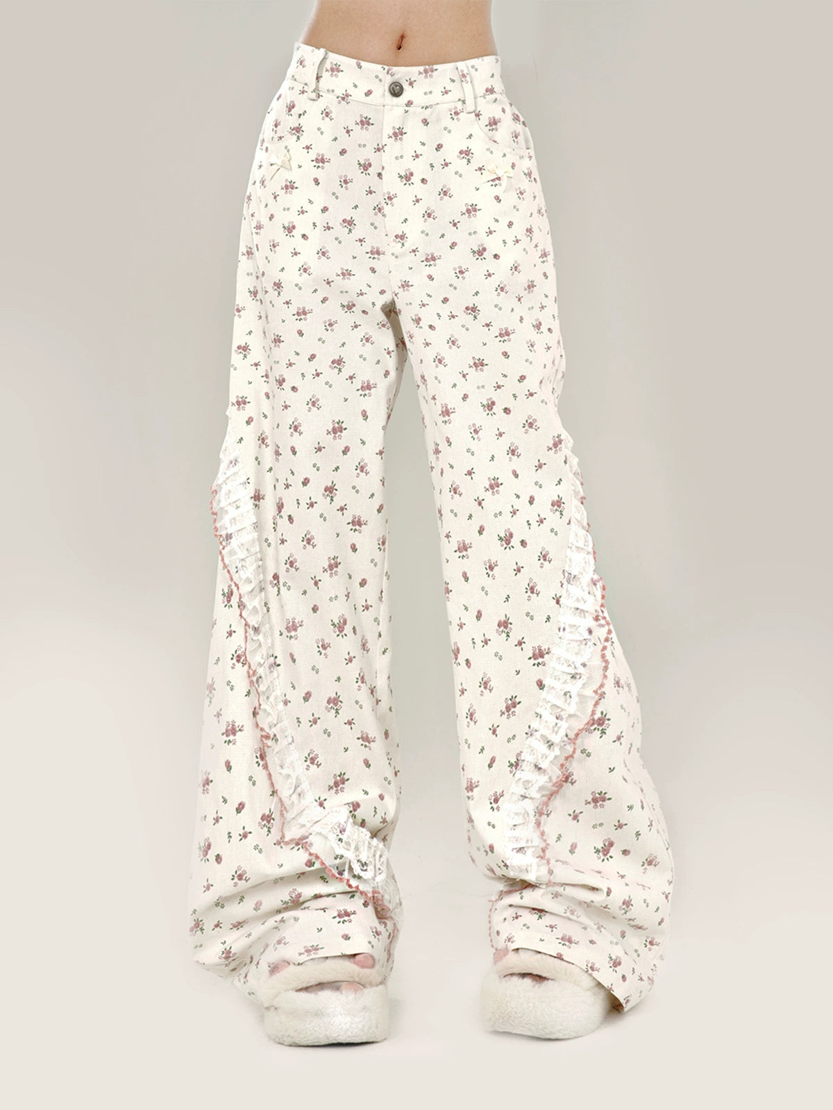Sweet Floral Lace White Casual Pants
