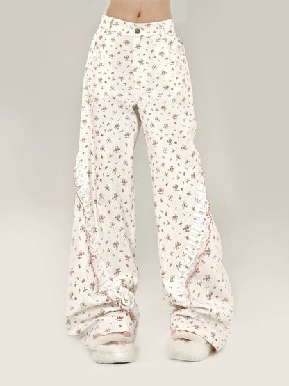 Sweet Floral Lace White Casual Pants