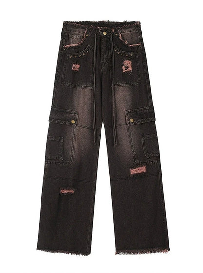 Retro Damaged Black Gradient Denim Cargo Pants