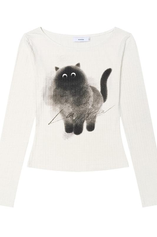 Retro Cat Print Long Sleeve T -shirt Setup Up