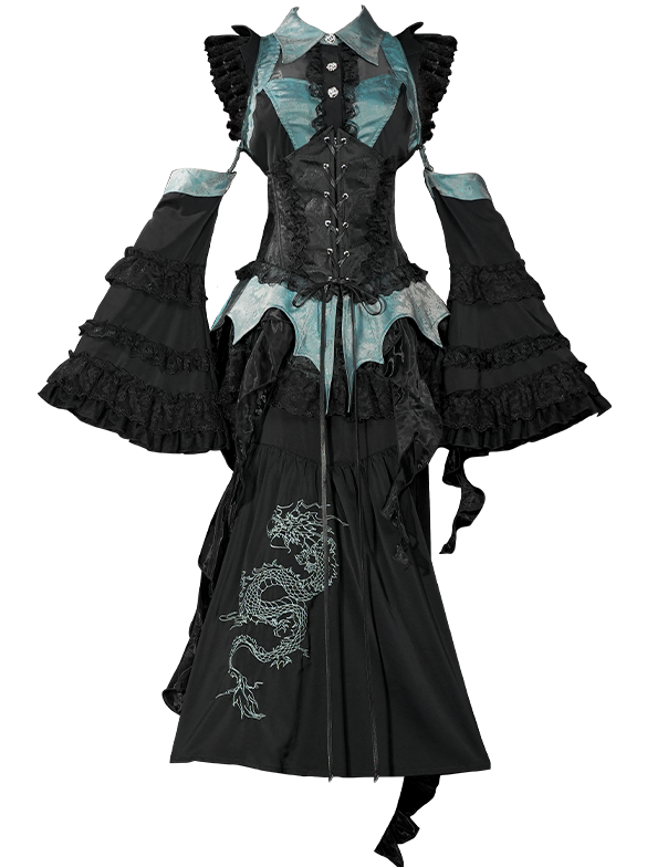 Chinese Gothic Subculture Fishtail Skirt + Top + Waist Corset