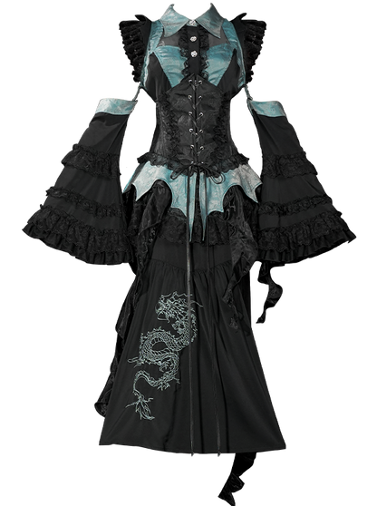 Chinese Gothic Subculture Fishtail Skirt + Top + Waist Corset