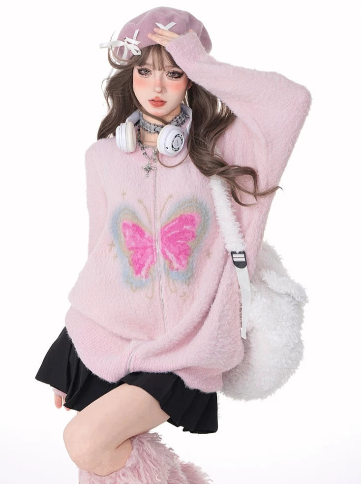 Butterfly Loose Zip Fur Knit