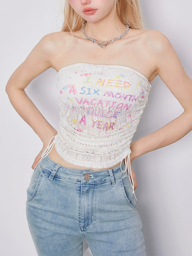 GrilyFancyClub "I want a holiday" cream hand-painted print lace shirred bandeau sweet and spicy top for women