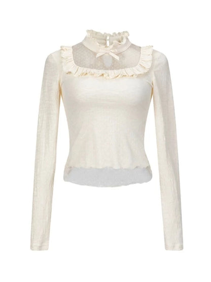 Lace Slim Sheer Dot Frill Neck Top