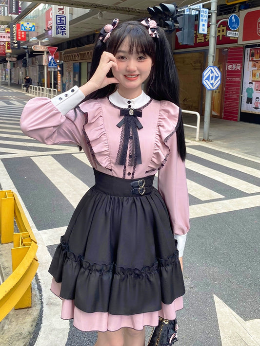 La la-chan Sakurako Yamazaki Mass production soft sticky shirt contrast top half skirt black pink cake skirt sweet suit woman