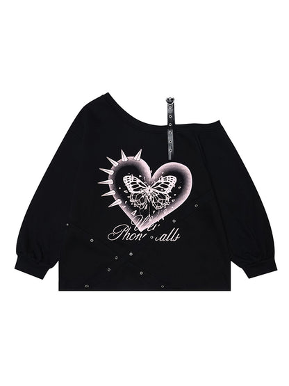 Design Sense Heart Print Off-Shoulder T-shirt