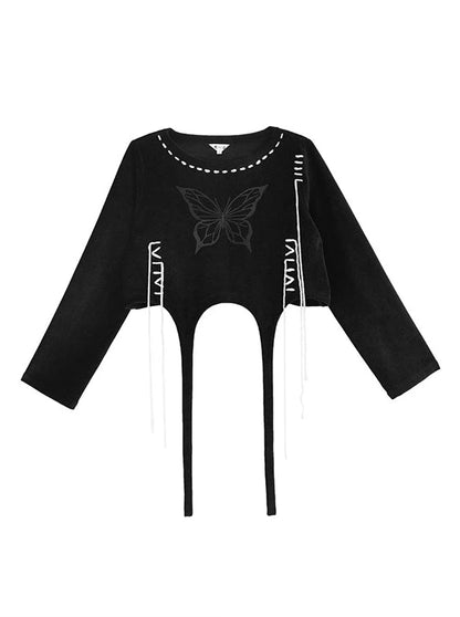 Daqing Dragon Sweet Cool Girl High Waist Sweatshirt Women's 2023 Autumn New Knitwear Butterfly Embroidery Irregular Top