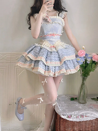 Bleu cascading cake lolita dress sweet cute heavy work puffy fugitive princess dress