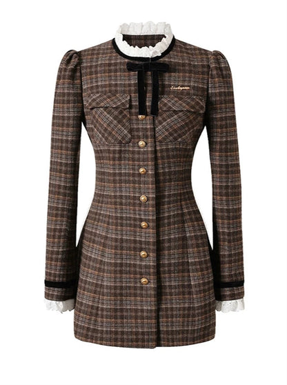 French Retro Ribbon Lace Brown Check Dress [Reserved Products]