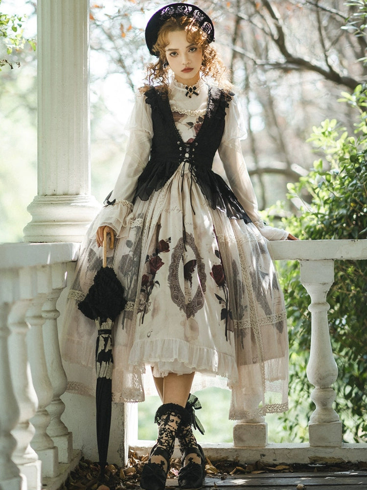 Classic Elegant Gothic Dark French Top + Suspender Dress + Vest Tulle Belchic Classic Elegant Gothic Dark French Top + Suspender Dress + Vest Tulle Belchic