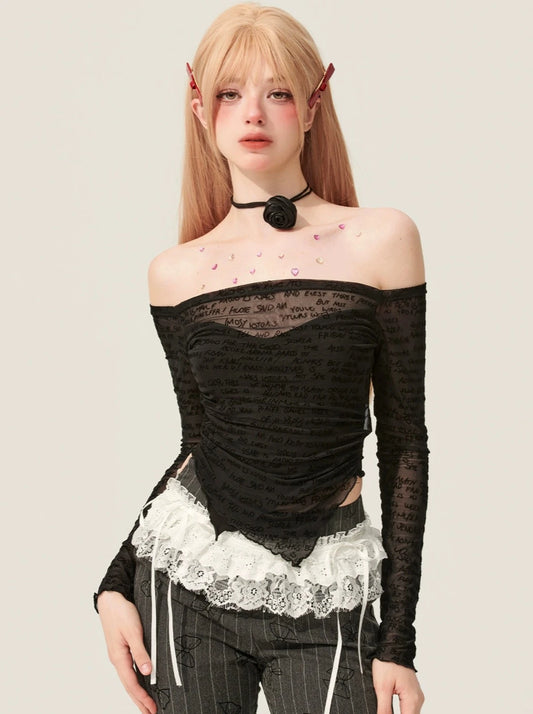 [En vente le 31 mai à 20 heures] Less eye transparent lace black long-sleeve one-shoulder T-shirt women's summer mesh
