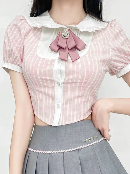 Striped Sweet Color Puff Sleeve Top + Ribbon