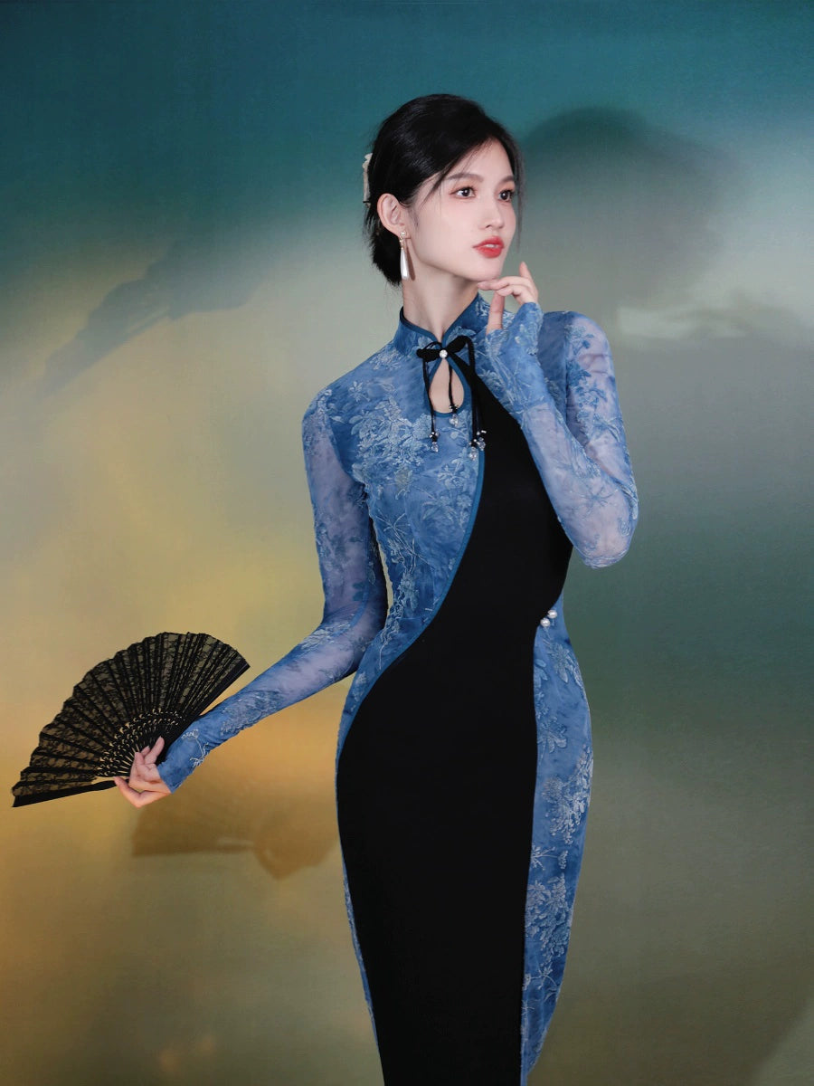 Four pounds homemade modern rain branch Original vintage new Chinese velvet knit cheongsam long autumn dress