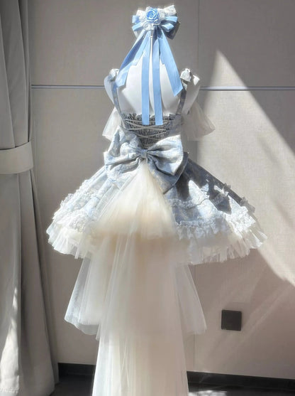 Blue Jacquard Flower Tulle Lolita Skirt + Tail