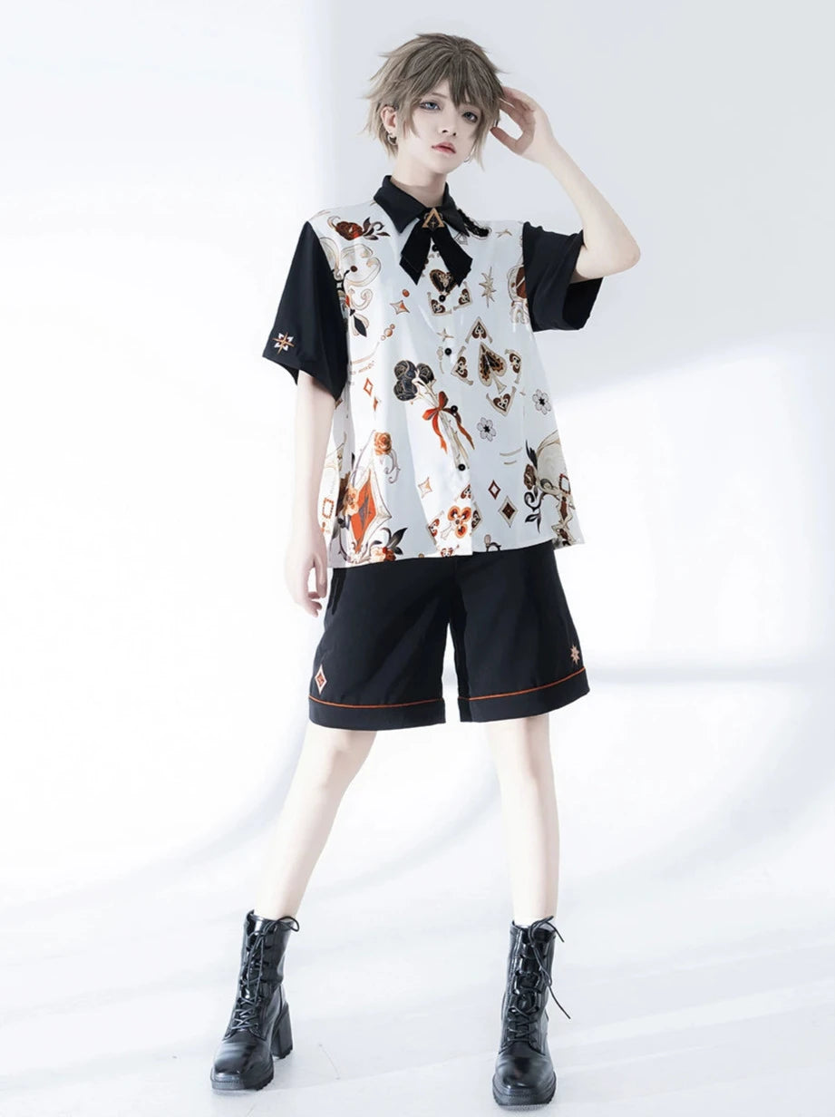 Flowerdrunk Retro Print Shirt + Embroidery Shorts [Reserved Item].