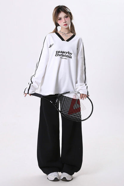 Sporty V-Neck Embroidered Loose Set