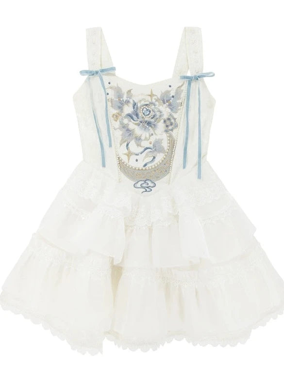 バレエスタイルフィッシュボーンサスペンダーワンピース＋シアーブルースカート