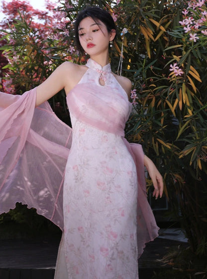 Four catties of homemade Classic pink original new Chinese sleeveless daily floating yarn pink modified cheongsam dress