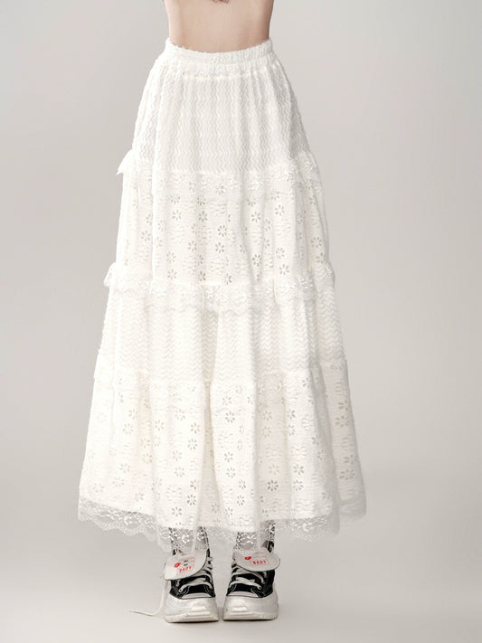 KellyKitty Pure White Jasmine A-line Skirt Women's Summer French Cake Skirt Cinched Waist Slim Long Skirt