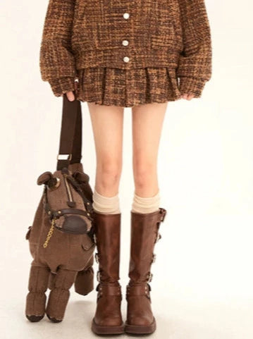 College Style Suit Fur Collar Brown Check Jacket + Pleated Skirt