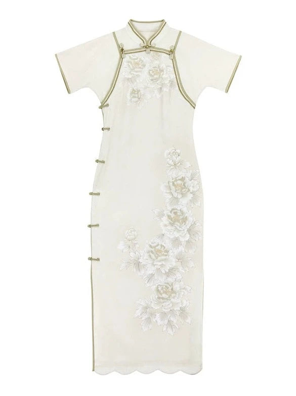 white and gold chinese dress Traditional asian long white and gold dress