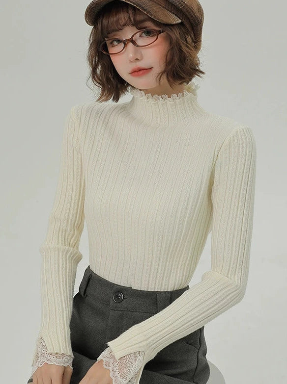 Lace Splicing Knit Half Turtleneck Top