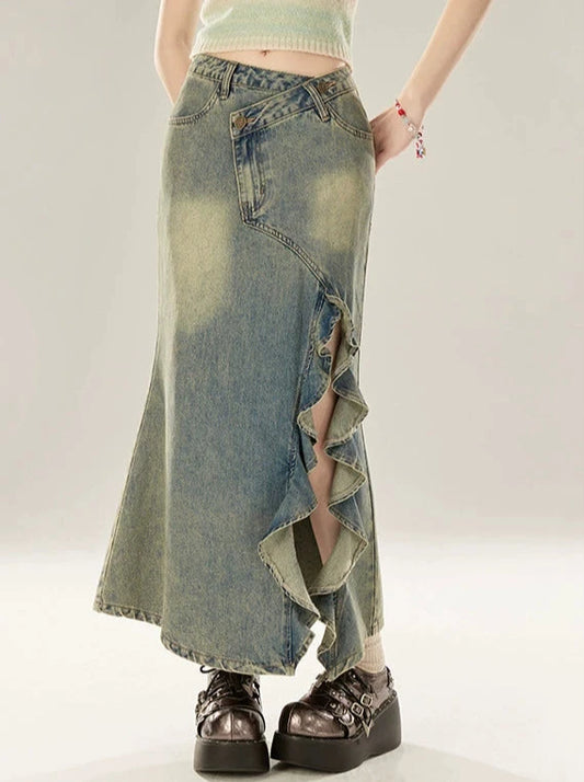 11SH97 Design Slit Denim Skirt Women's Summer High Waist Wash Aged A-Line Long Skirt Fungus Edge