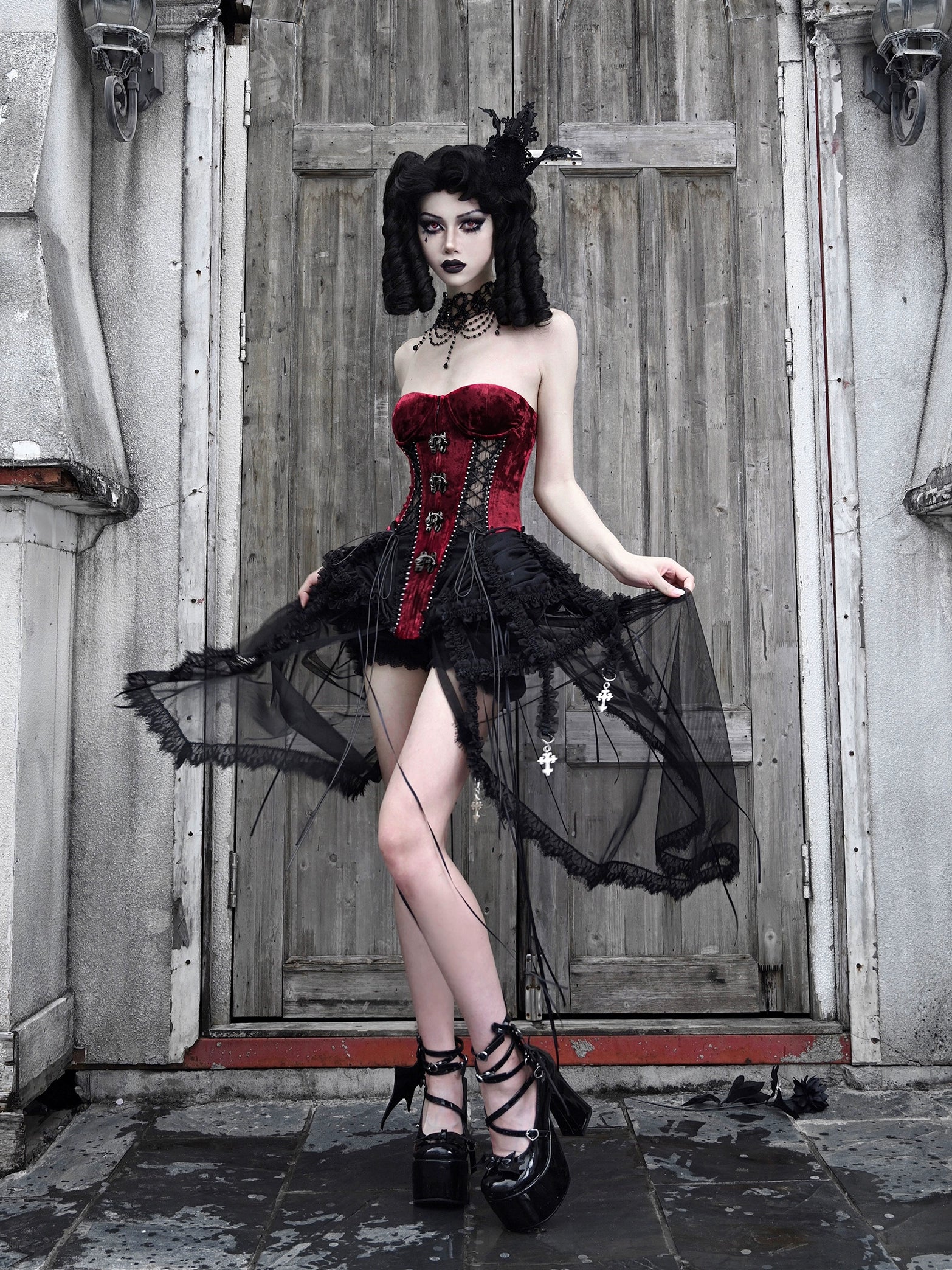 Hell Alice Gothic Dark Fishbone Strap Corset Tulle Dress Set Belchic Hell Alice Gothic Dark Fishbone Strap Corset Tulle Dress Set Belchic