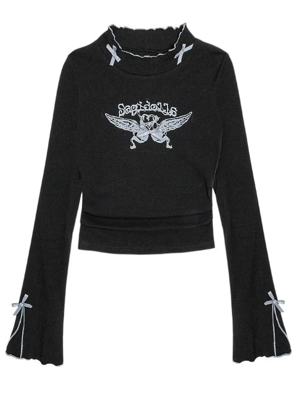 Dark Sweet Cool Hot Girl Bow Half Turtleneck Printed Sweater Top