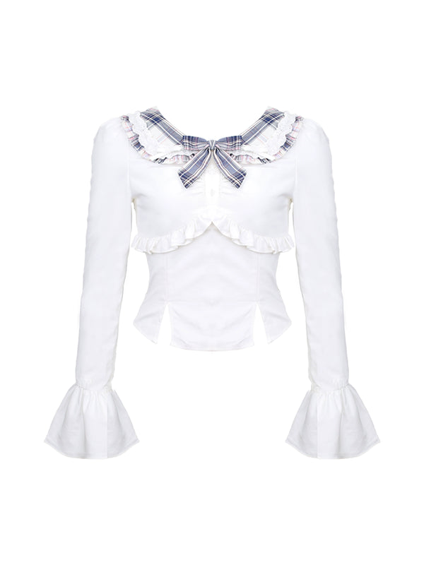 Gray Knit Cardigan + Shirt + Check Skirt