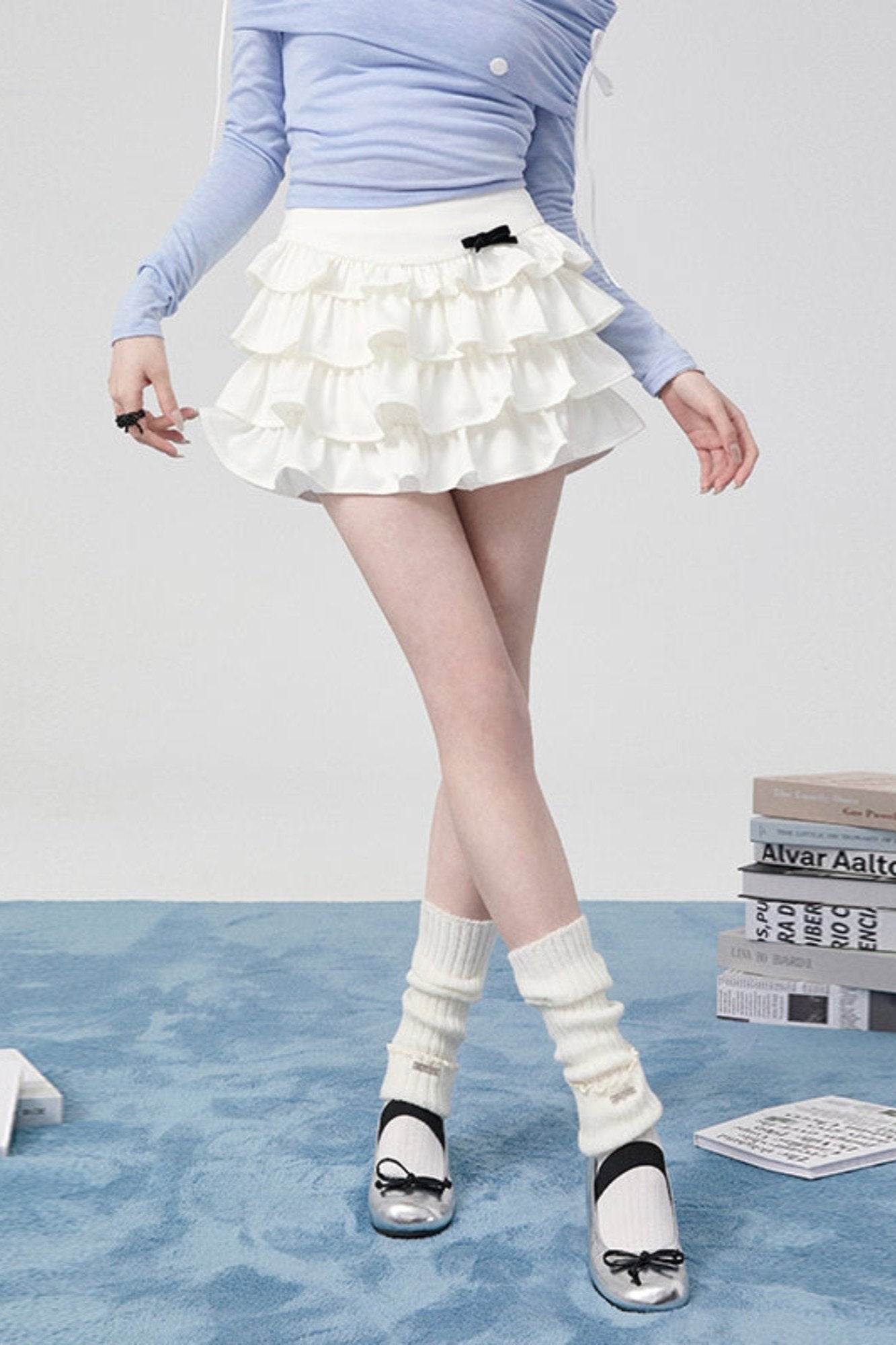 Bowan Shoulder Knit Tops + Pleated Skirt + Ribbon Cake Skirt